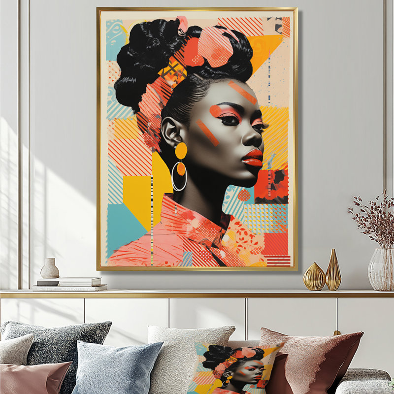 «Afro American Portrait Geometric Retro Collage», reproduction d'art murale Pop, Cadre flottant doré