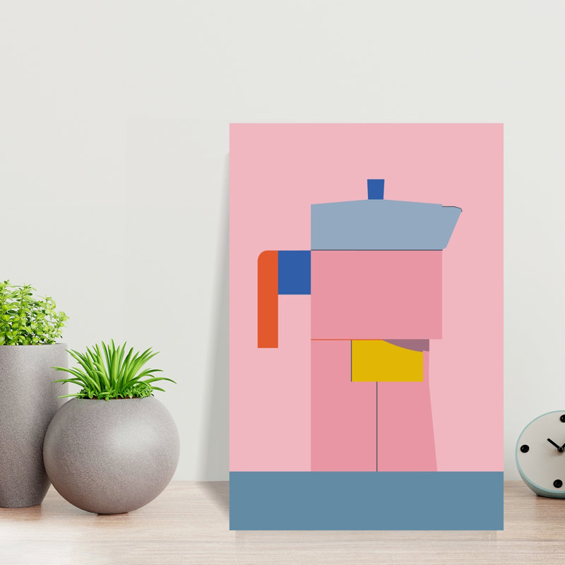Art mural contemporain coloré abstrait avec pot de café géométrique coloré, H 18 po x l 12 po