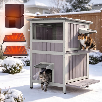 Heated Outdoor Cat House Insulated Weatherproof Outside Feral Cat Shelter For Winter With Heater And Insulated Liner Two Story, 28" L X 23" D X 34.4" H