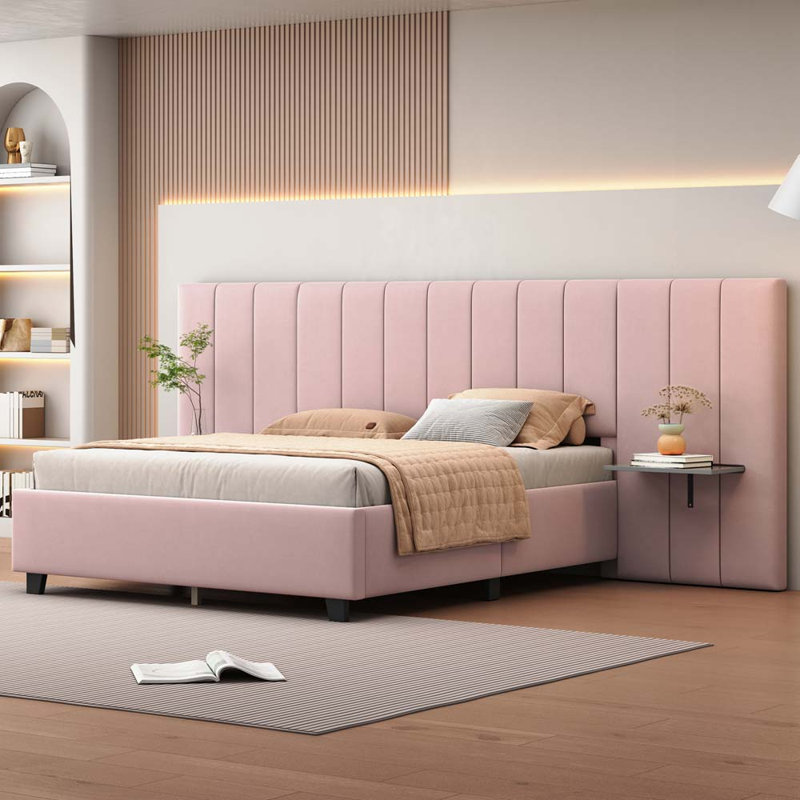 Jackielyn Upholstered Platform Bed with Big Headboard Panel Bed, Queen, Pink