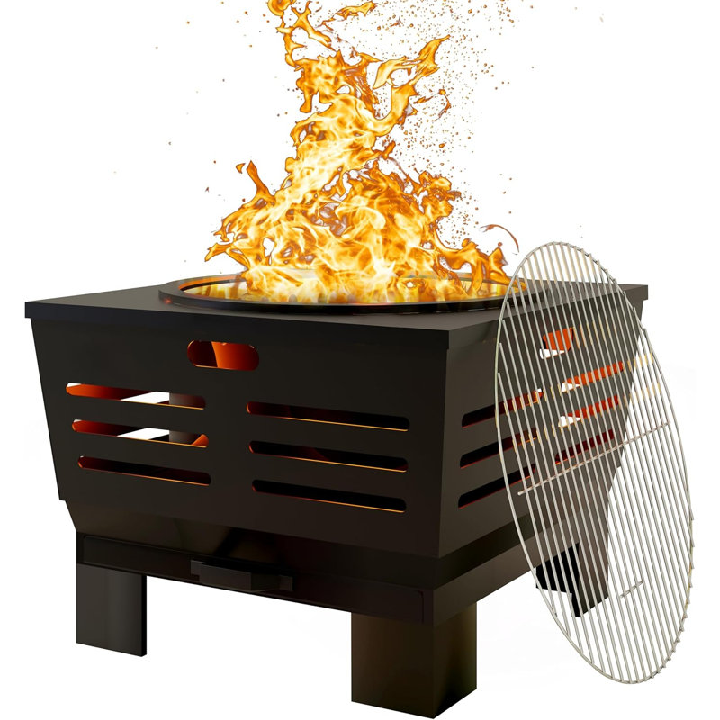 Foyer avec support, foyer au bois sans fumée avec cendrier, foyer extérieur portatif avec grille de cuisson et tisonnier pour le camping, cour arrière | L: 23 po x l 23 po x H: 19 po, 28,6 lb