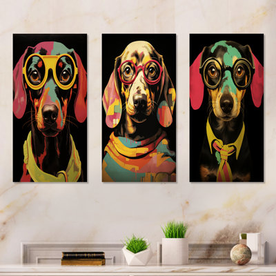 Curious Popart Daschund Dog I - Ensemble de 3 décorations murales en métal Daschund