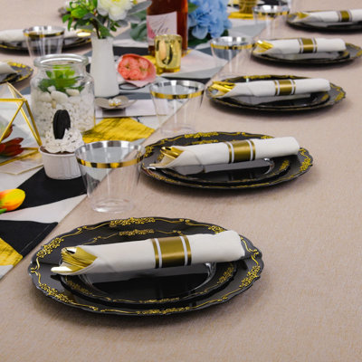 WELLIFE 175 Pcs Black and Gold Plastic Dinnerware Set - 25 Dinner & Dessert Plates, 25 Per Rolled Napkins with Cutlery, 25 Cups