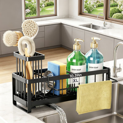 Porte-éponge pour évier de cuisine - Porte-évier à vidange automatique avec barre à serviettes amovible, porte-brosse et rangement divisé, organisateur de cuisine en acier inoxydable 304 pour comptoir, grand