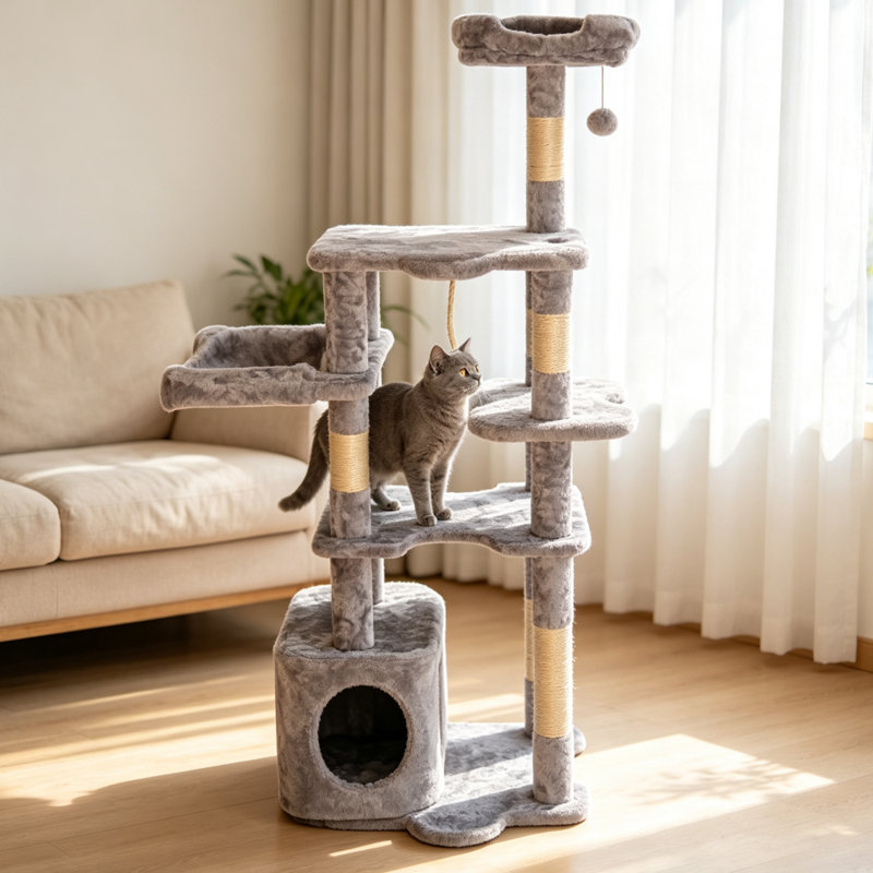 Arbre à chat à plusieurs niveaux avec condo, hamac, poteaux à griffer en sisal et perchoirs moelleux