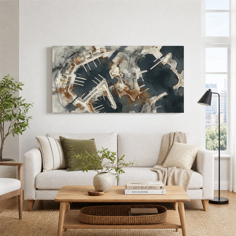 Vue aérienne des quais du port, tableau sur toile aux tons rouille et gris, L 32 po x H 16 po