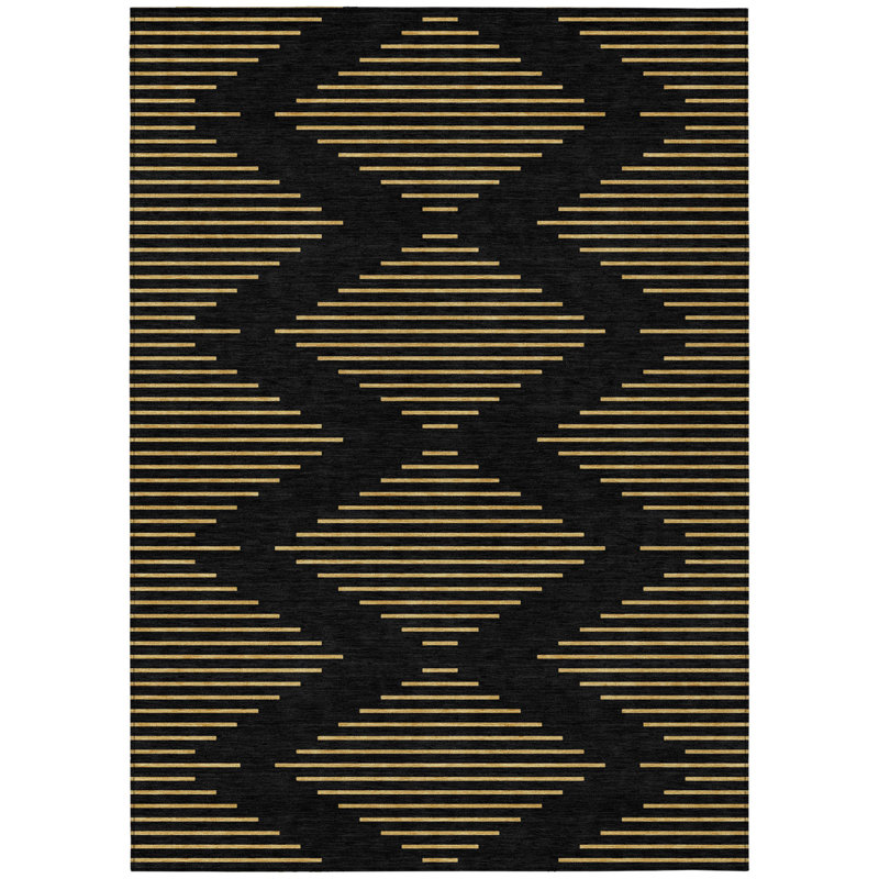 Tapis intérieur lavable noir à motif géométrique 10 pi x 14 pi HomeRoots