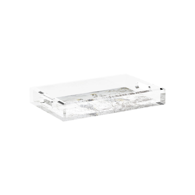 Crested Crane Silver Gold Acrylic Rectangle Decorative Tray, 12.5"W x 7.75"D x 2"H