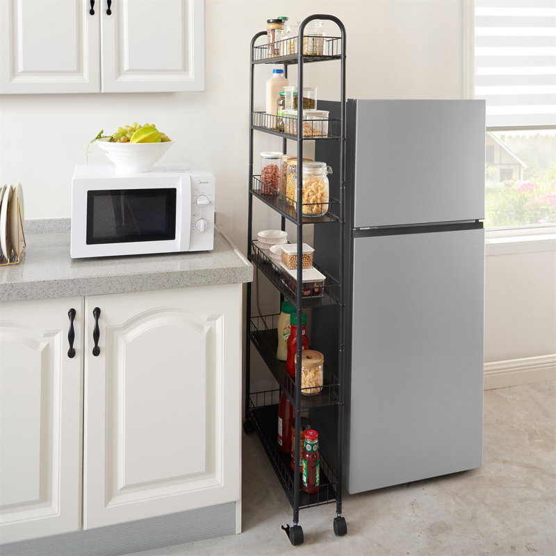 Slim Black Metal Kitchen Cart with Mesh Shelves and Wheels