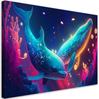Neon Whale Underwater - No Frame Print on Canvas