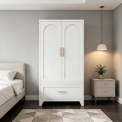 Tall 2-Door All-Steel Armoire Wardrobe with Adjustable Inner Shelf, Metal Closet Cabinet with Hanging Rod & Single Full-Extension Storage Drawer