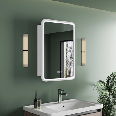 Gernold 16'' W x 24'' H LED Medicine Cabinet with Mirror, Dimmable Light, Anti-Fog, Memory Function, Extra-Large Storage Space, Adjustable Glass Shelves, ETL Listed, Right Hinge, White
