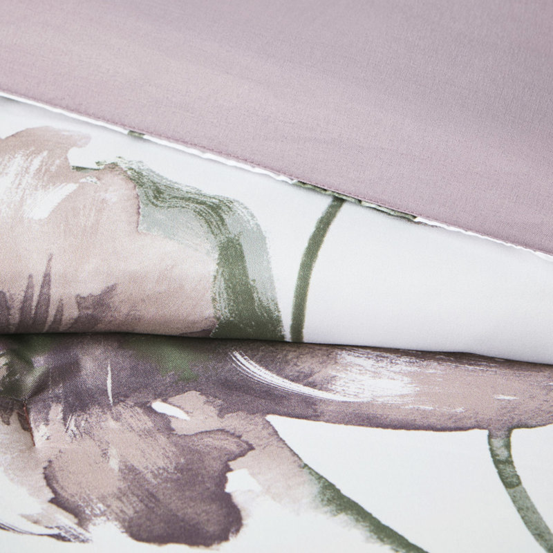 Édredon 100% simple avec motif floral mauve et drap - taupe et taies décoratives, Édredon simple + 4 pièces supplémentaires