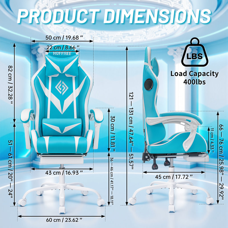 Hoffree Massage Ergonomic Gaming Chair with Bluetooth Speakers and RGB LED Lights, Blue/White