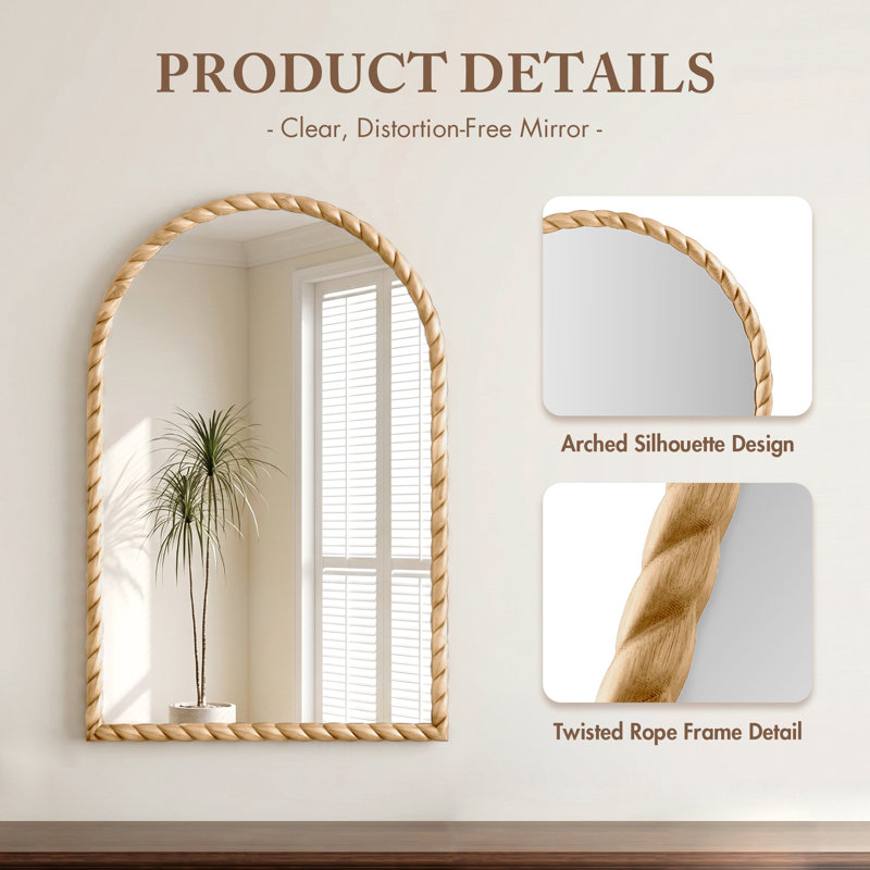 Montra Natural 24"W x 36"H Arched Wood Wall Mirror with Braided Rubber Frame, Natural