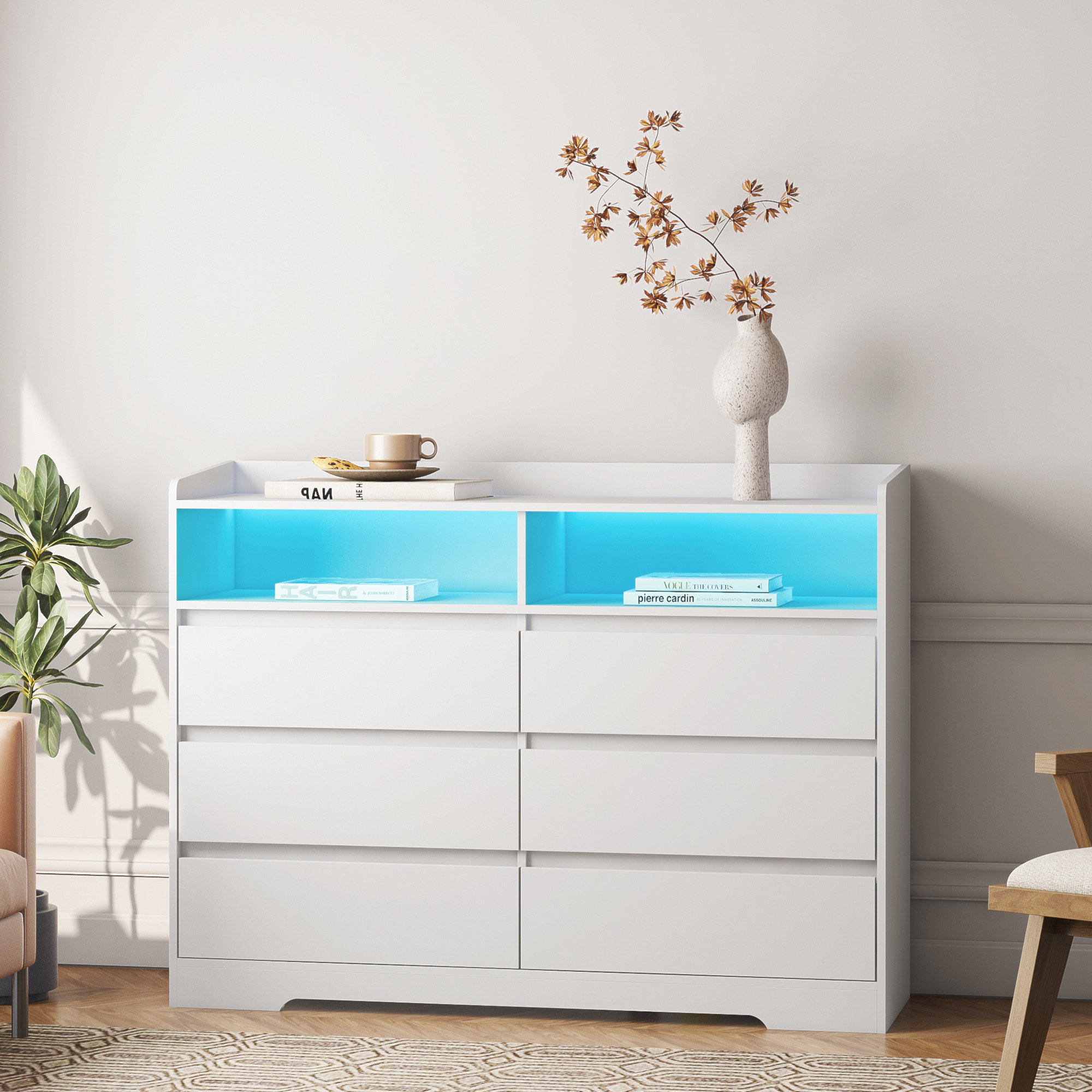 STYLISH 6 Drawer Dresser, White Dresser For Bedroom With LED Lights ...