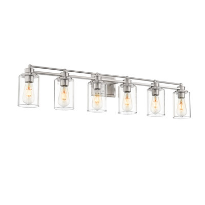 6-Light Industrial Dimmable Vanity Light, Clear Glass Shade, Brushed Nickel