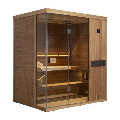 Samsora 3-Person Indoor Steam Sauna 3800W, Negative Ion Technology & Red Light Therapy, 95℉-230℉ Temp Range, African Mahogany Wood, Bluetooth Speaker, with Sauna Heater and Sauna Stone
