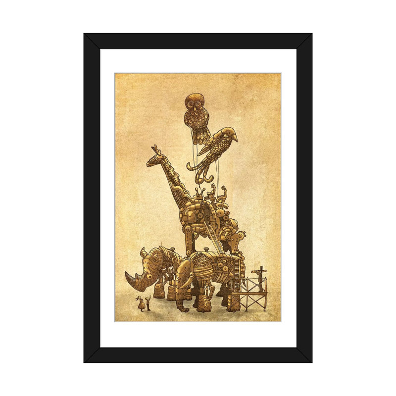 « the clockwork menagerie », impression sur toile, H 32 po x l 24 po x P 1 po, Papier d'art encadré noir, Blanc