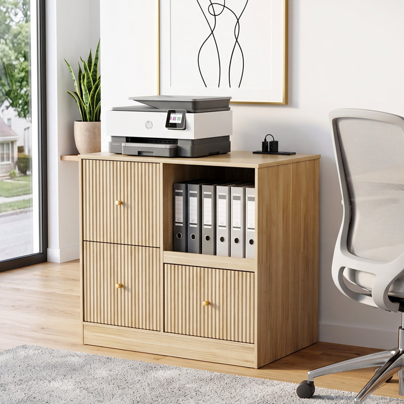 31,5 "Classeur latéral 3 tiroirs en bois cannelé pour bureau à domicile avec station de chargement et tablette, Naturel