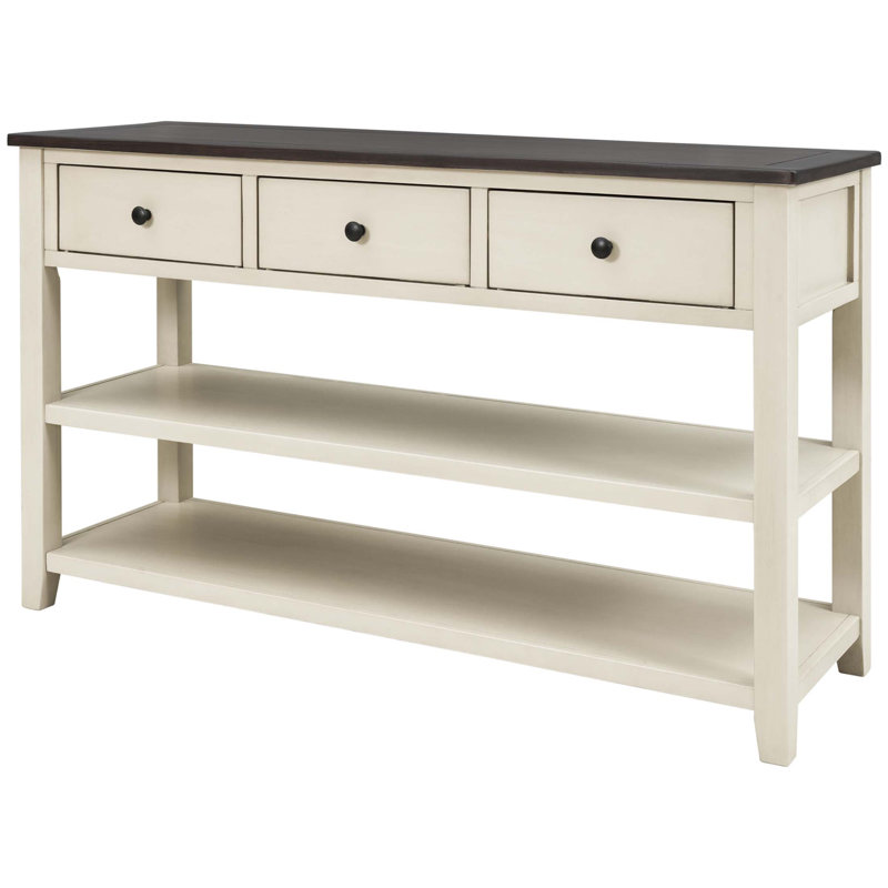 Console de style Mid-Century avec deux tablettes ouvertes, une structure en pin et un plateau en panneau de fibres à densité moyenne pour la décoration du salon