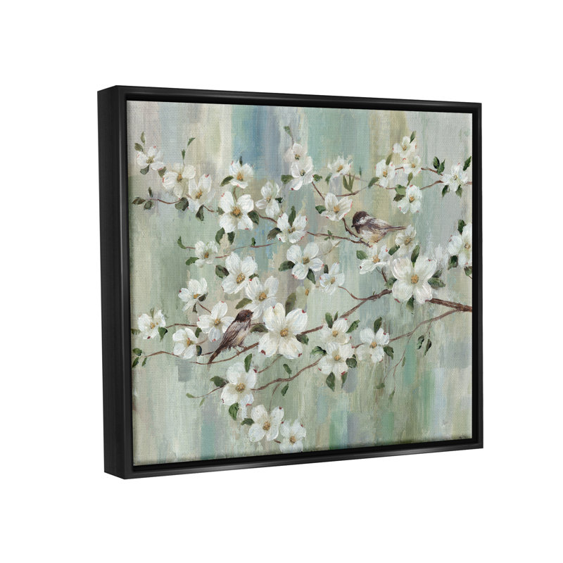 Fleurs délicates de fleurs de cerisier perchées, peinture classique par Nan - Peinture sur toile, Cadre flottant noir de jais