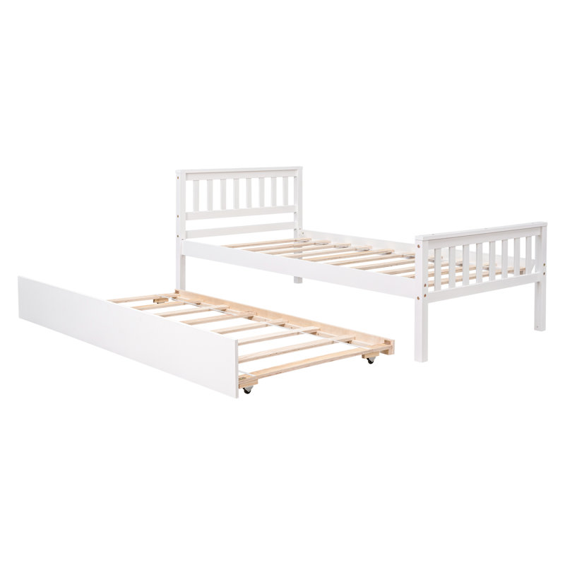 White Twin Bed With Trundle Pine Wood No Box Spring, White
