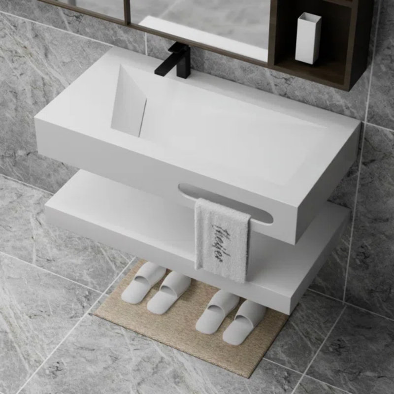 Lavabo de salle de bain mural en résine 32 po avec conception double couche réglable, Blanc