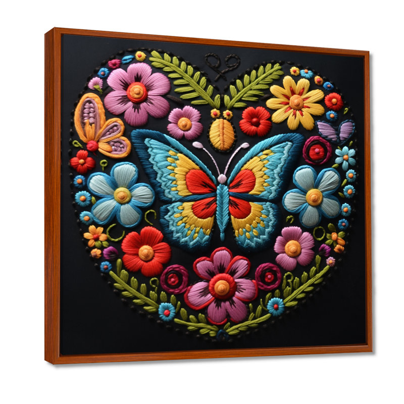 Motif floral broderie boho Papillon, Toile avec cadre brun, H 36 po x l 36 po x P 1,5 po
