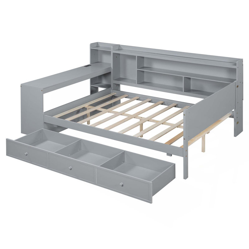 Lit de jour en bois avec 3 tiroirs, ports USB et bureau, Gris, Complet/Double