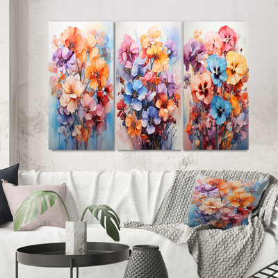 «Pansies Représentation multicolore acrylique II», 3 pièces sur toile