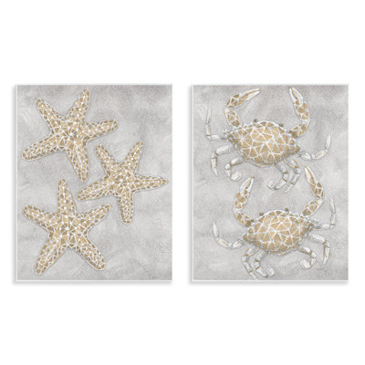 Grey Starfish & Crab Drawing 2pc Wall Plaque Set, design by Patti Bishop
