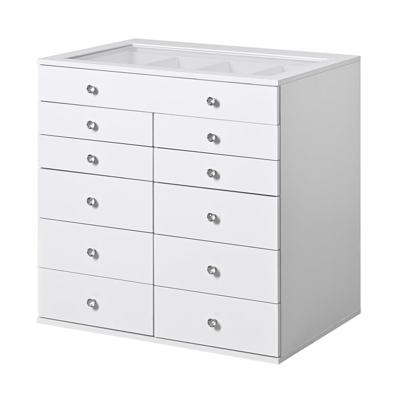 Storage Box with 11 Makeup Drawers, Crystal Lux Handles, Blanc