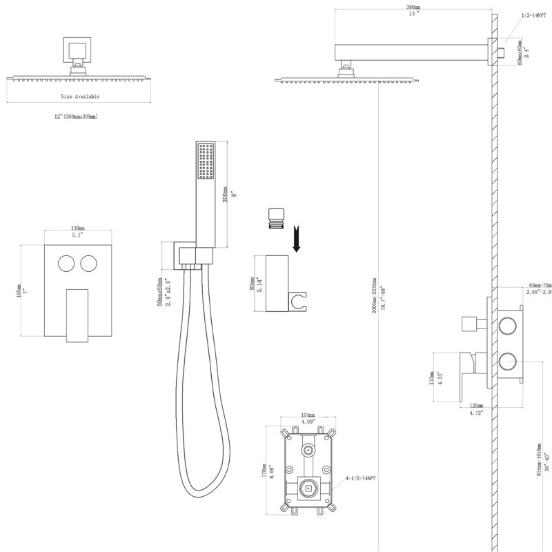 12 Inch Square Dual Shower Head Wall Mounted Matte Black System, - Scald Balanced, 360 Adjustable Rainfall Shower, Handheld For Custom Use With Balanced Valve, Experience, Rotation, And Adaptable