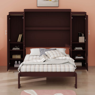Structure de lit escamotable et peu encombrante avec armoires et tablettes de rangement