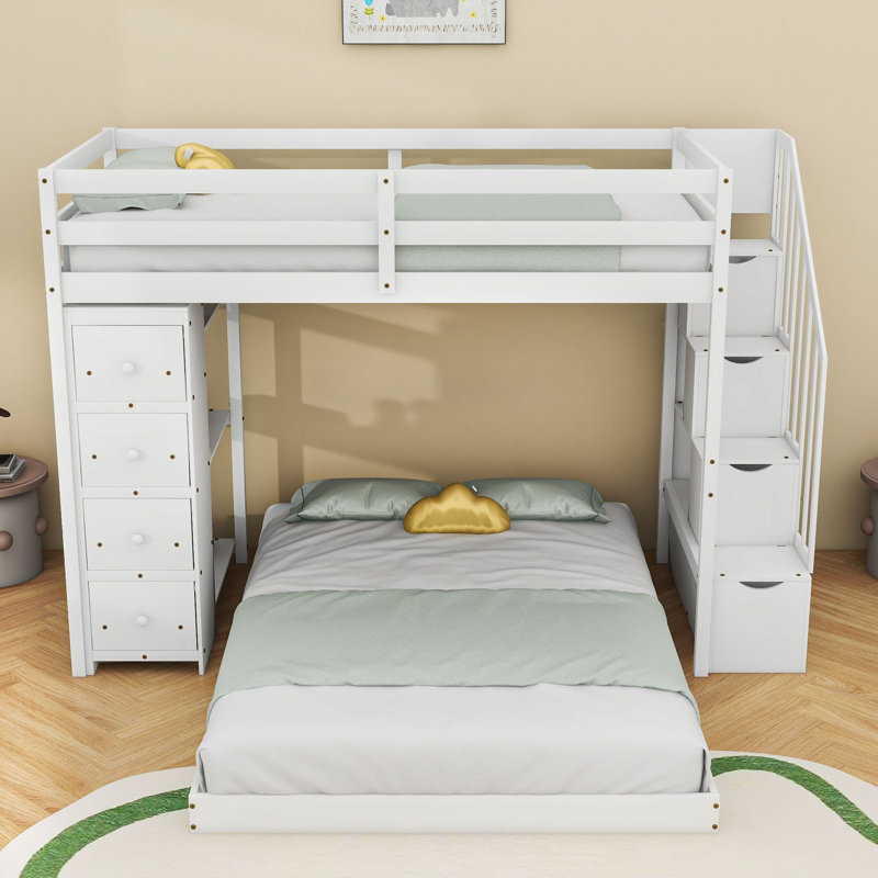 Harriet Bee Twin Over Full Bunk Bed With Storage Drawers And Staircases ...