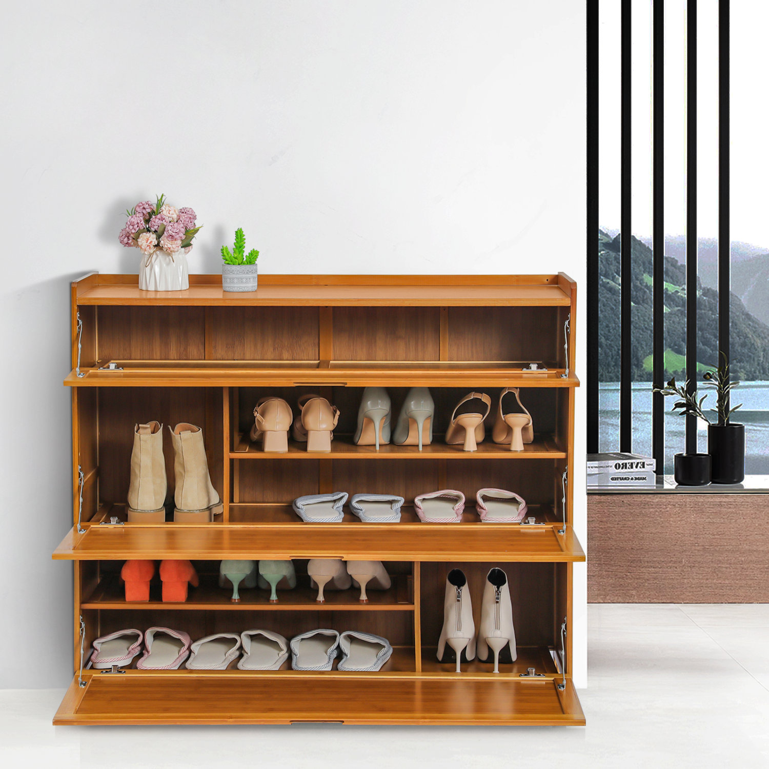 Natural 2-tier Wood Shoe Rack Large Wooden Shoe Bench American Made Storage  Organizer Eco Friendly Wood Entryway Furniture 