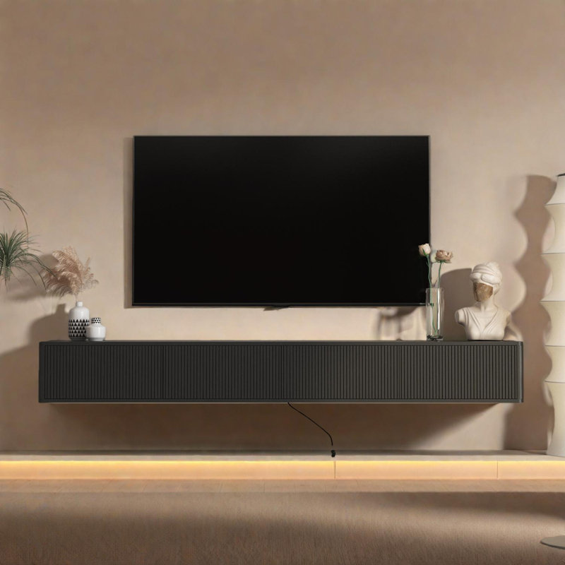 Floating TV Stand with LED Lights and Power Outlet, High Gloss Cabinet, Black