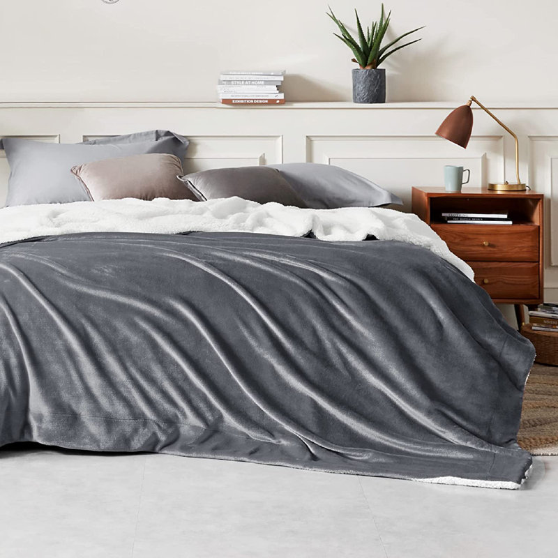 Sherpa Reversible Throw Blanket, 220" W x 240" L, Dark Grey