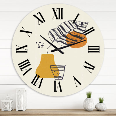 Botanical Minimalist Leaf With Abstract Shapes III - Horloge murale moderne