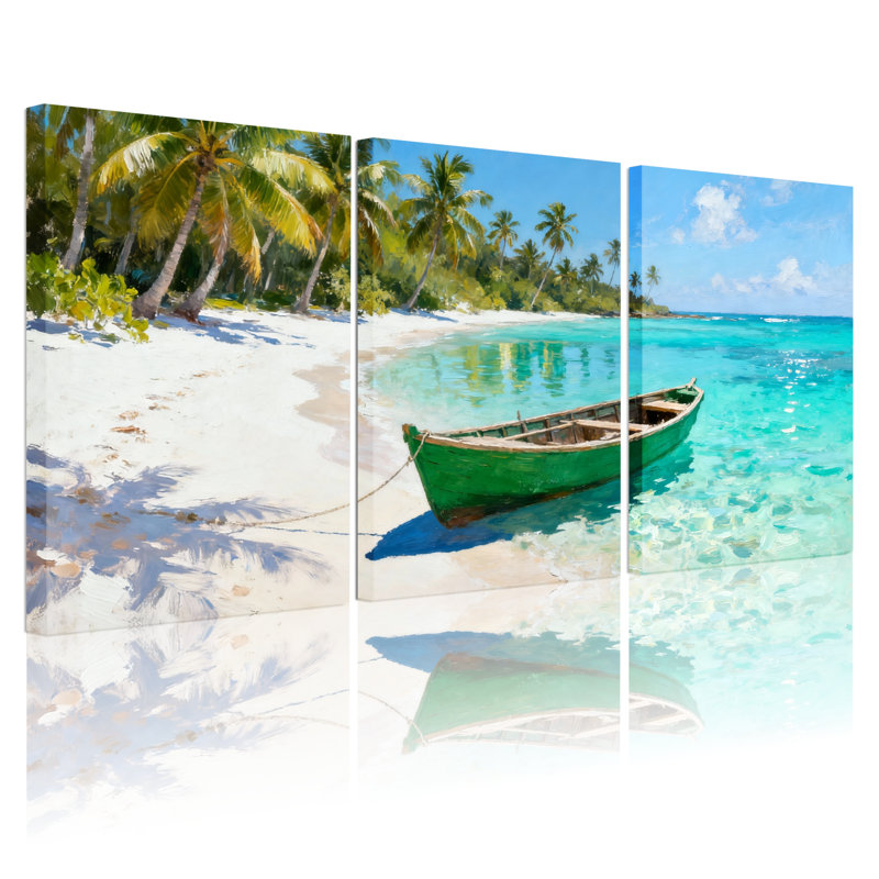 Nautique et plage, plage tropicale, bateau, palmiers, eau claire, ensemble de 3 toiles murales, L 18 po x l 36 po