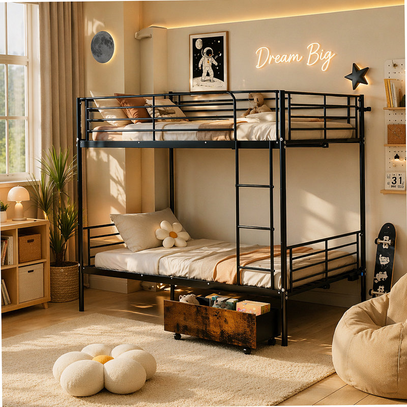 Lit superposé avec échelle et garde-corps haut, capable de se diviser, lit superposé en métal, espace de rangement, silencieux, taille simple sur simple, noir