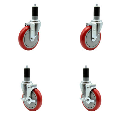 Polyurethane Swivel Expanding Stem Caster Set 2 Brake -  Service Caster, SCC-EX20S514-PPUB-RED-2-TLB-2-MTG46