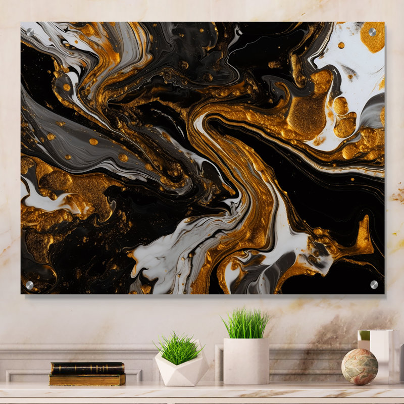 Or noir marbré Dreamscape II - art abstrait géométrique en acrylique, H 12 po x l 20 po