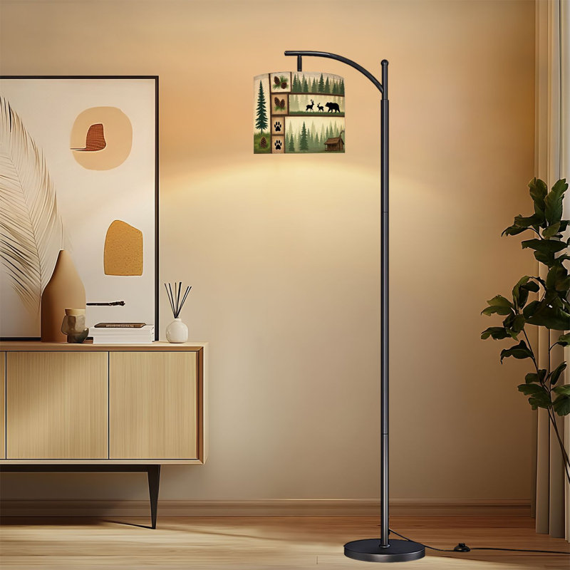 Lampe sur pied à arc avec abat-jour ajustable, faune de la forêt, patchwork, pin, cerf, ours, pin, cabane rustique, lampe sur pied, 3 couleurs, intensité variable, grand mât avec interrupteur au pied pour la chambre à coucher