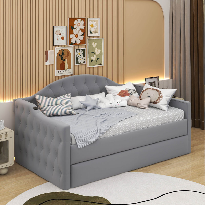 Lit de jour simple en velours capitonné avec couchette, Gris