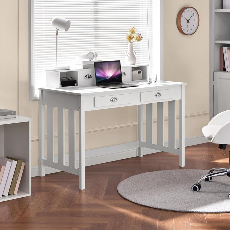 Large Computer Desk, White Home Office Workstation With 4 Storage Drawers, Modern PC Work Table 23 Deep With Monitor Stand For Screen, Wood Stable Executive Table With Large Desktop