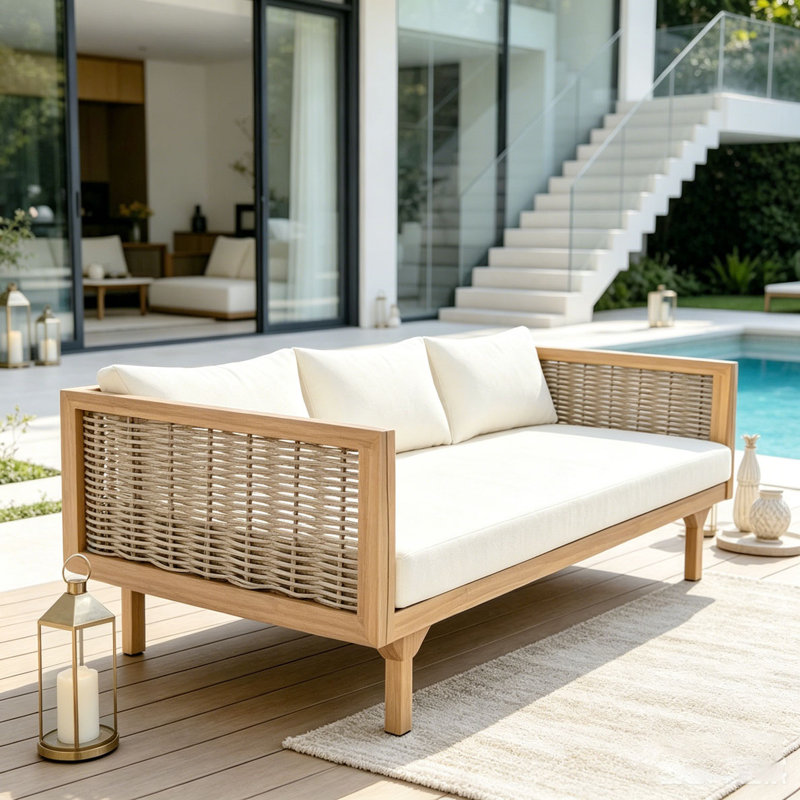 3-Seat Patio Sofa with Rattan Arms, beige
