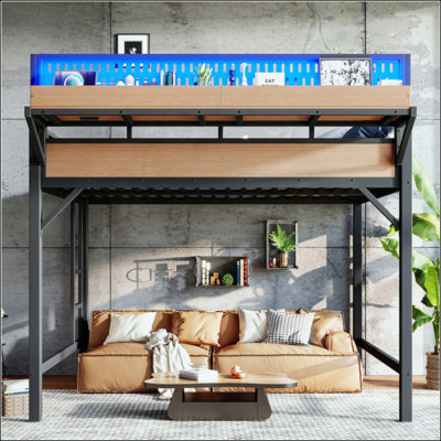 Loft Bed Frame with Storage Shelves and Pegboard, Metal Loft Bed with USB Ports and LED Lights, Safe and Sturdy