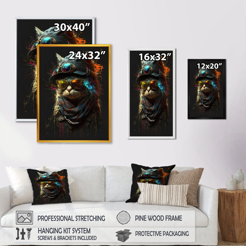 Art mural sur toile Cool Cat avec lunettes de soleil et chapeau IV, H 32 po x l 24 po x P 1 po, Toile avec cadre flottant or